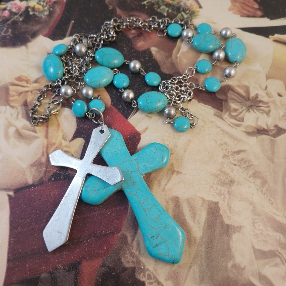 Turquoise and Silver Cross Necklace